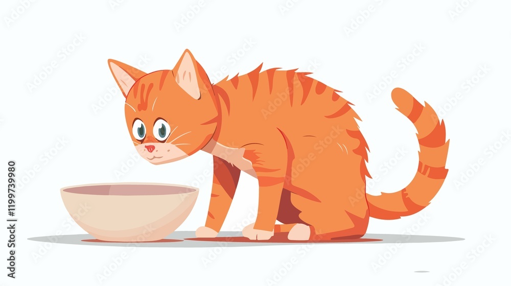 Adorable Red Cat Cartoon Looking into Empty Bowl Vector Illustration Adorable Red Cat Cartoon Looking into Empty Bowl Vector Illustration