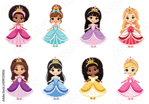 Set of different nationalities cute little princess with beautiful eyes and golden crown. Isolate on white background, Vector illustration in flat drawn cartoon style