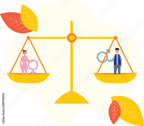 woman and man standing in scale with gender symbols. Gender equality flat vector illustration. Feminism, fighting for equal rights concept for banner, website design or landing web page