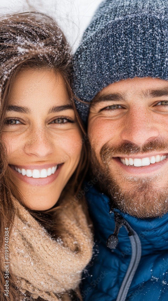Close-up of a happy young couple on a snowy day.  Her warm smile is contagious!