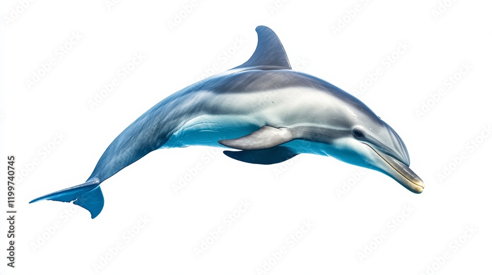 Obraz premium A dolphin gliding underwater, isolated on a clean white backdrop,