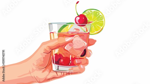 Elegant Hand Holding Cosmopolitan Cocktail Glass with Cherry and Lime