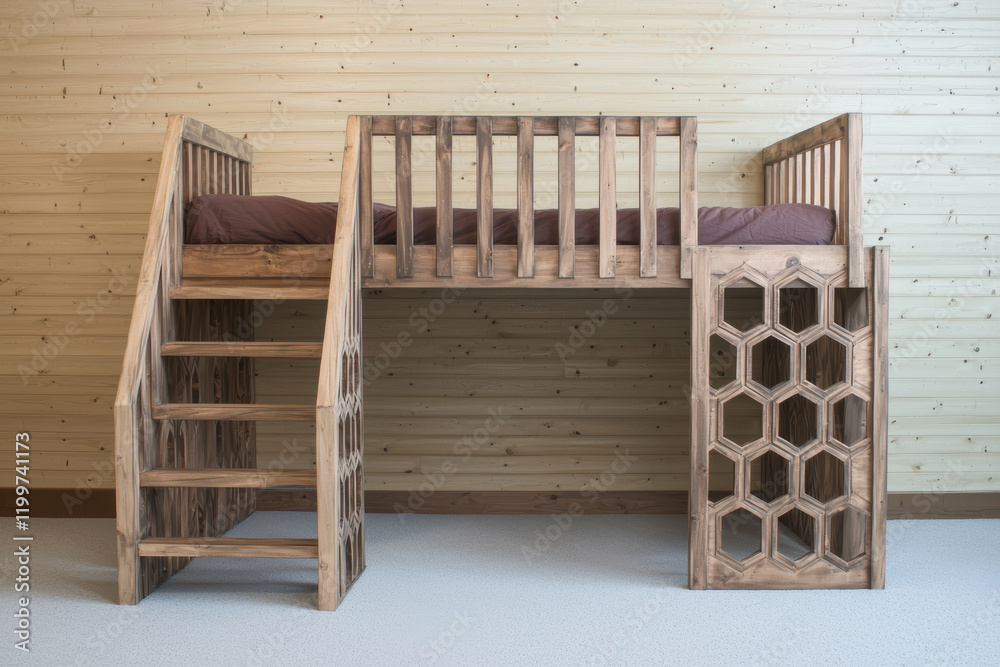 stylish wooden bunk bed with unique hexagonal design and stairs, perfect for kids rooms stylish wooden bunk bed with unique hexagonal design and stairs, perfect for kids rooms