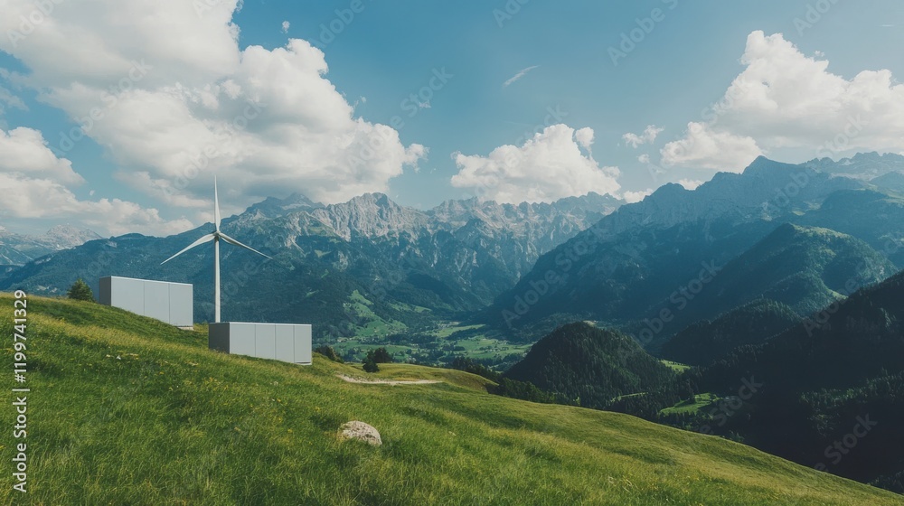 Scenic Landscape with Wind Turbine and Mountains Under Blue Sky
