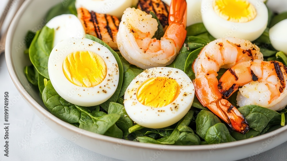 Paleo Ketogenic diet for healthy weight loss Fresh spinach salad with shrimp and boiled eggs. Paleo Ketogenic diet for healthy weight loss Fresh spinach salad with shrimp and boiled eggs.