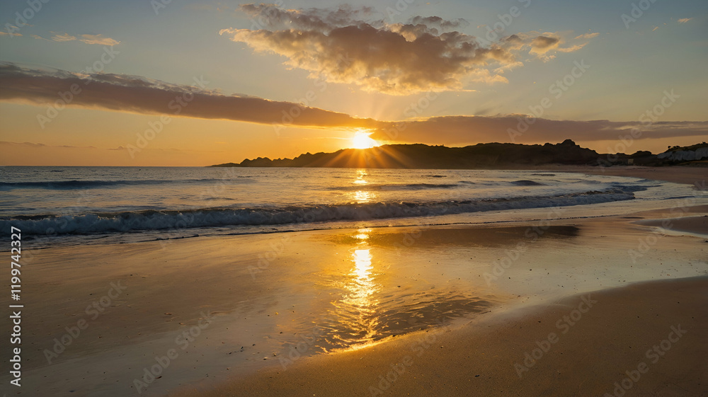 Obraz premium A sunrise over a deserted beach with golden light reflecting off the water. 