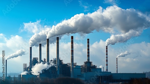 Industrial Factory with Smokestacks Under Cloudy Blue Sky photo