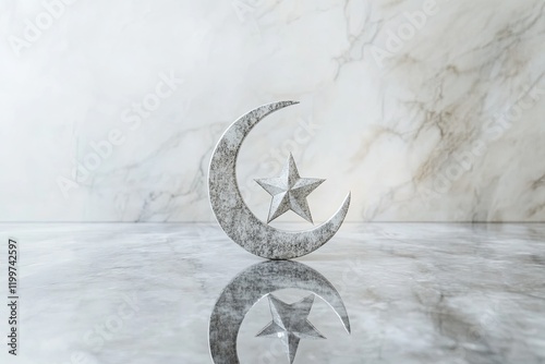 minimalist flat illustration of star and crescent motif resting on reflective marble surface photo