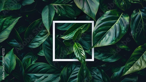 Lush green foliage frame; nature backdrop, template