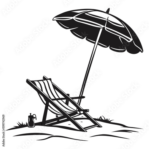 Minimalist Beach Chair with Umbrella Black Vector Illustration  Isolated  on transparent background