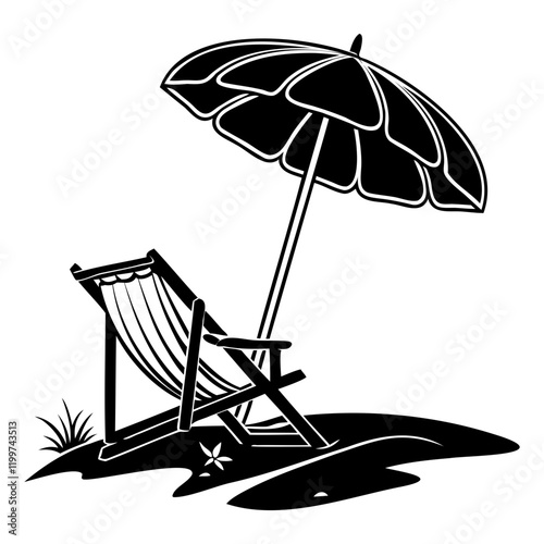 Beach Chair With Umbrella Black Vector Silhouette illustration isolated on a transparent background