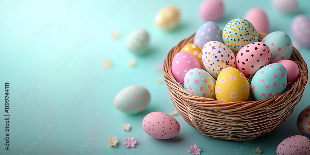 Colorful Easter eggs with polka dots in a wicker basket on a pastel teal background, ideal for spring celebrations, Easter themes, or holiday decorations Colorful Easter eggs with polka dots in a wicker basket on a pastel teal background, ideal for spring celebrations, Easter themes, or holiday decorations
