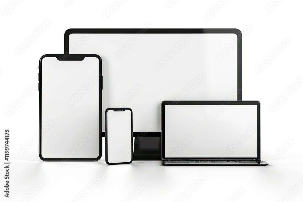 Devices Set Mockup with Smartphone Desktop Computer Laptop and Tablet Isolated on White Devices Set Mockup with Smartphone Desktop Computer Laptop and Tablet Isolated on White