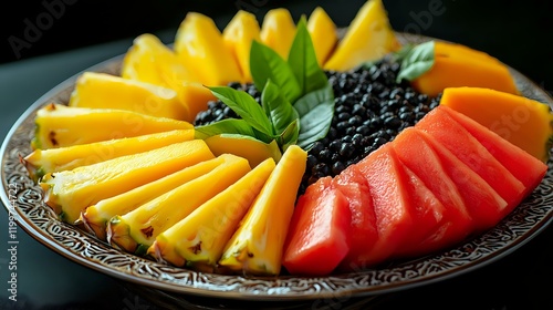 A sharp image of mixed tropical fruits like mango, papaya and pineapple slices arranged beautifully on a decorative plate under bright lighting photo