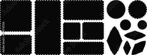 Black silhouette scalloped frames. Rectangle frames with wiggly borders. Geometric shapes with scallop and zigzag edges set. Silhouette stickers circle, square, oval and rectangle labels.