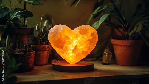 A heart-shaped lamp on an elegant wooden stand, gives warm light to the room photo