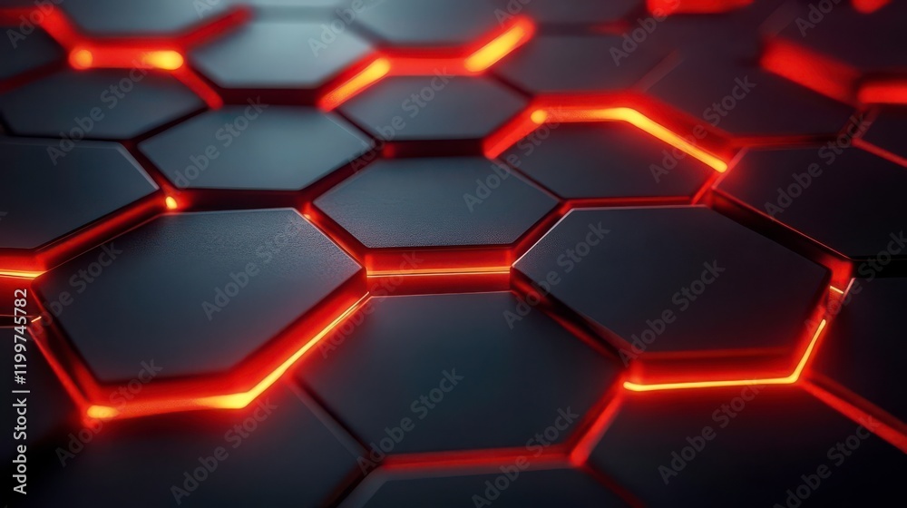 A futuristic hexagonal pattern with glowing red edges on a dark background, creating a striking visual effect.