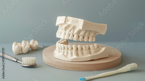 Model of jaw with teeth and toothbrushes. Useful for dental clinics, dental care educational materials.