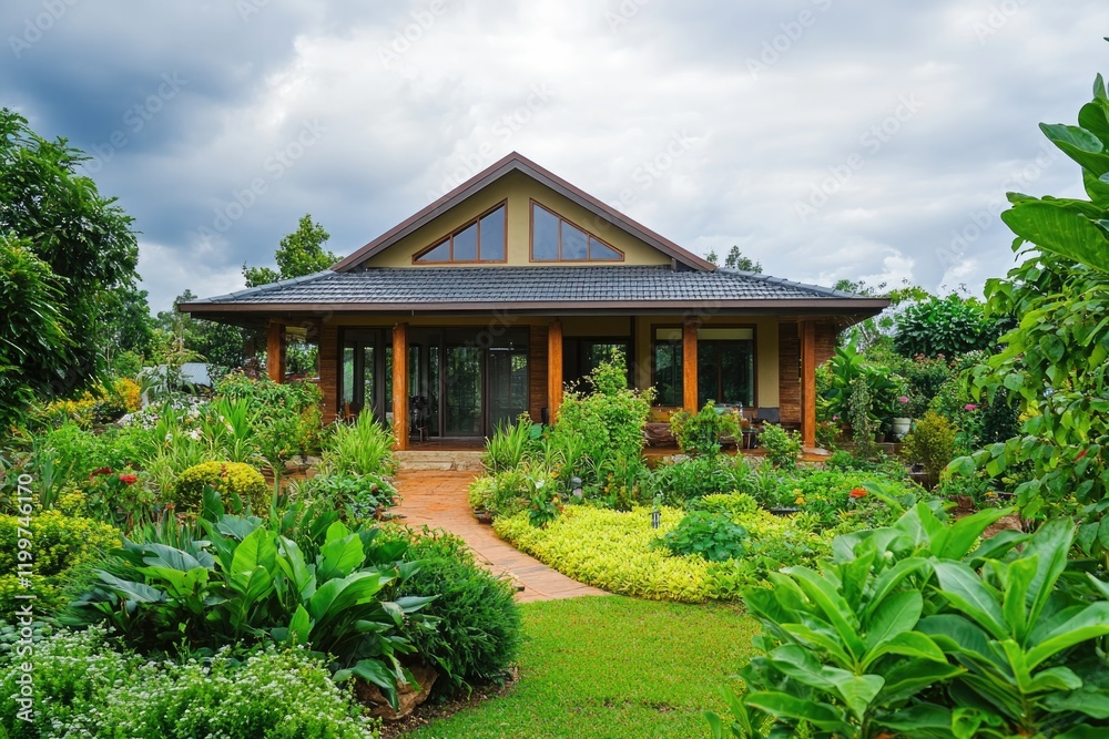 rural home with rainwater harvesting system surrounded by green garden under soft natural light rural home with rainwater harvesting system surrounded by green garden under soft natural light