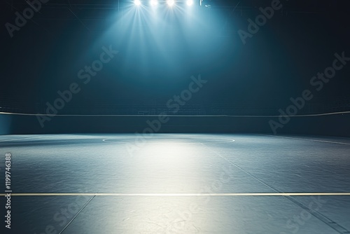serene view of empty wrestling arena with spotlight illuminating mat creating dramatic and minimalist scene