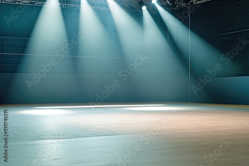 serene view of empty wrestling arena with spotlight illuminating mat creating dramatic and minimalist scene