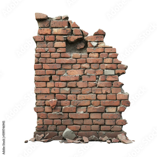 Cracked Brick Wall with Chipped Surface Isolated on transparent background
