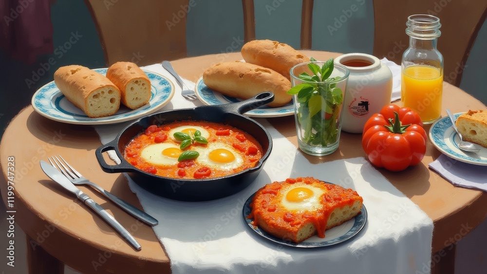 The image shows a table with a variety of food items on it. On the left side of the table, there is a black frying pan with two fried eggs in it. The image shows a table with a variety of food items on it. On the left side of the table, there is a black frying pan with two fried eggs in it.
