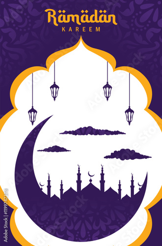 A captivating Ramadan poster showcasing a crescent moon and mosque silhouettes, with purple and yellow as the dominant color