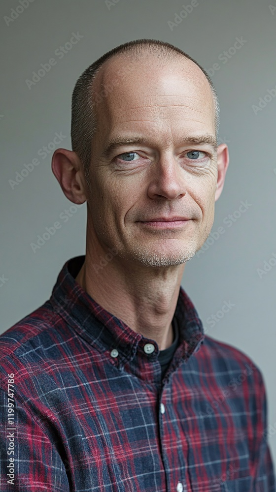 Middle-aged man with a shaved head wearing a checked shirt neutral gray background document photo Middle-aged man with a shaved head wearing a checked shirt neutral gray background document photo