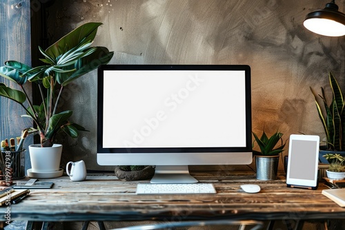 Vibrant Color Picture of Mock Up of Generic Design Computer on the Table Workspace in Th