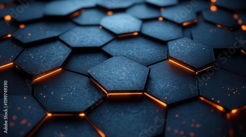 A close-up view of hexagonal patterns with glowing edges, creating a futuristic and textured surface.