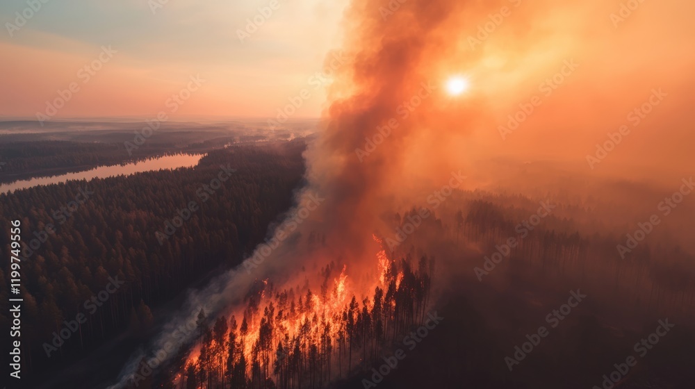 Fototapeta premium large-scale fire. A massive forest fire engulfs a picturesque landscape with dramatic smoke and flames.