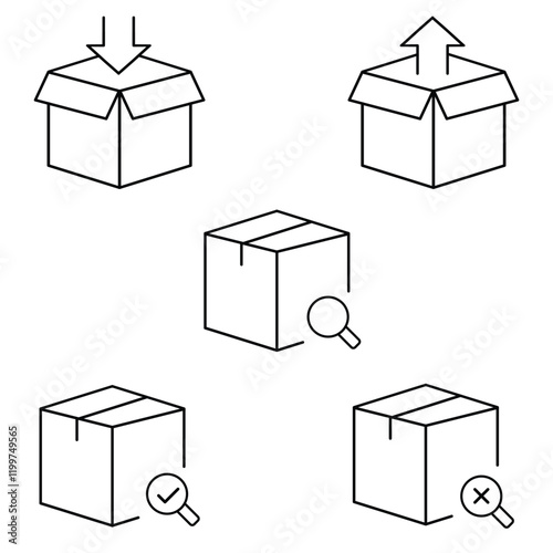 Package, parcel, box, delivery, distribution, import, export and return editable stroke outline flat icons set isolated on white background flat vector illustration. Pixel perfect