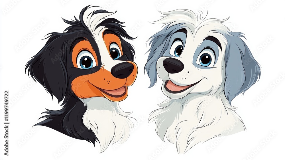 Obraz premium Adorable cartoon puppies, one with black, white, and orange fur, the other with white and blue fur, smiling cheerfully.