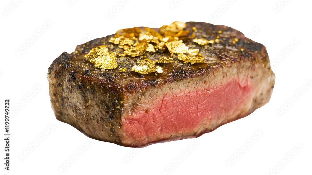 A luxurious steak topped with edible gold flakes, beautifully cooked to perfection, capturing the essence of gourmet dining. A luxurious steak topped with edible gold flakes, beautifully cooked to perfection, capturing the essence of gourmet dining.