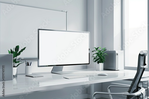 A Modern White Office with Computer Mockup on a Table Doctor Office Teacher Room Front Desk