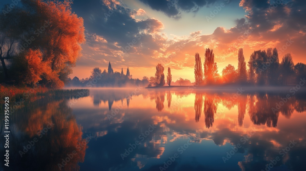 Obraz premium Sunrise over a lake with mist and distant hills - generated AI