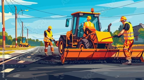 Professional Workers Repairing Road in Mykolaiv, Ukraine photo