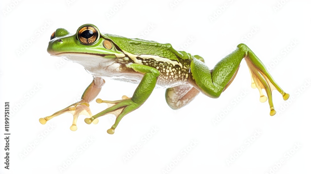 Fototapeta premium A frog leaping forward, its legs fully extended, isolated on a seamless white background,