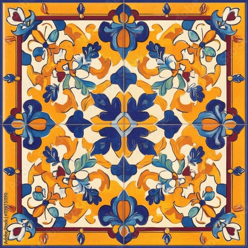 Vibrant Talavera Tile Design: A Square of Floral & Geometric Patterns