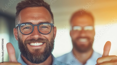 Smiling man with beard and glasses gives thumbs up. A second man is blurred in the background. photo