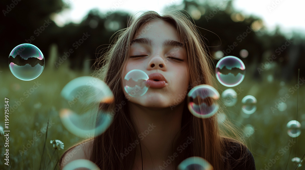 Capturing the magic of childhood in a field filled with bubbles at sunset Capturing the magic of childhood in a field filled with bubbles at sunset