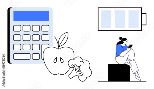 Calculator, apple, broccoli, battery, and person using a tablet. Ideal for health, technology integration, energy management, productivity lifestyle balance wellness routines and dietary planning