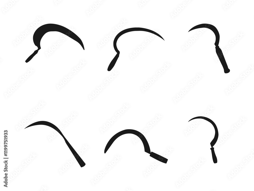 Flat weapon collection vector. Sickle, crescent, scythe, blade. sickle icon vector illustration logo design. Sickle farm icon in solid black flat shape glyph icon, isolated on white background. Flat weapon collection vector. Sickle, crescent, scythe, blade. sickle icon vector illustration logo design. Sickle farm icon in solid black flat shape glyph icon, isolated on white background.