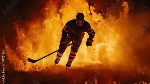 Scene of fiery hockey player on fire, smooth repeating motion for background video animation.