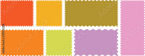 Color rectangle frames with wiggly borders. Rectangle shape frame with zigzag edge. Geometric shapes with scallop and zigzag edges set. Silhouette stickers circle, square, oval and rectangle labels.