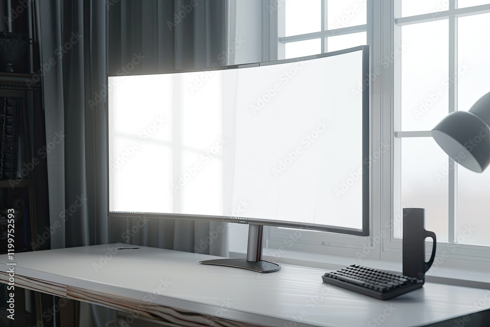 Pixel Perfect Picture of Curved Monitor on White Desktop Mockup Pixel Perfect Picture of Curved Monitor on White Desktop Mockup