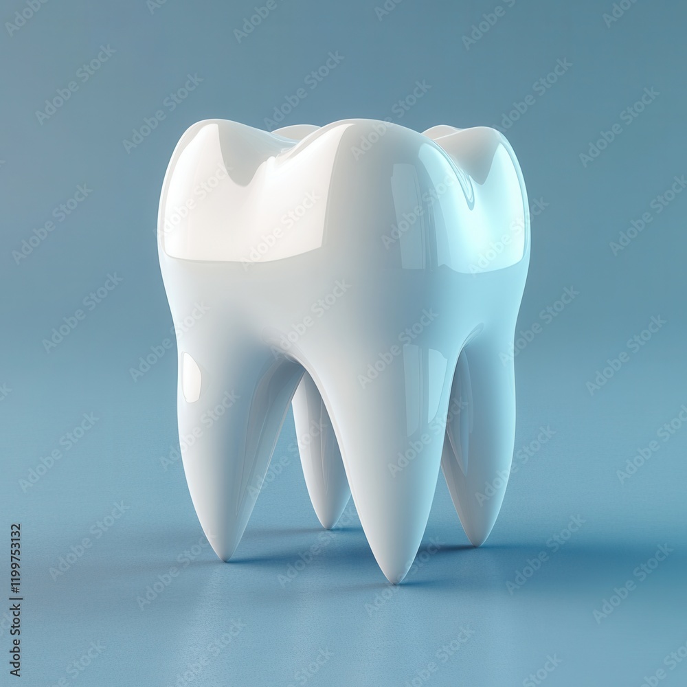 3D rendering of a white tooth with a glossy surface on a blue background for dental themes 3D rendering of a white tooth with a glossy surface on a blue background for dental themes