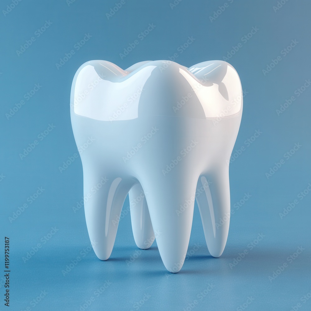 3D rendering of a white tooth with a glossy surface on a blue background for dental themes 3D rendering of a white tooth with a glossy surface on a blue background for dental themes