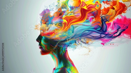 Colorful woman's profile, vibrant hair, abstract art, design background